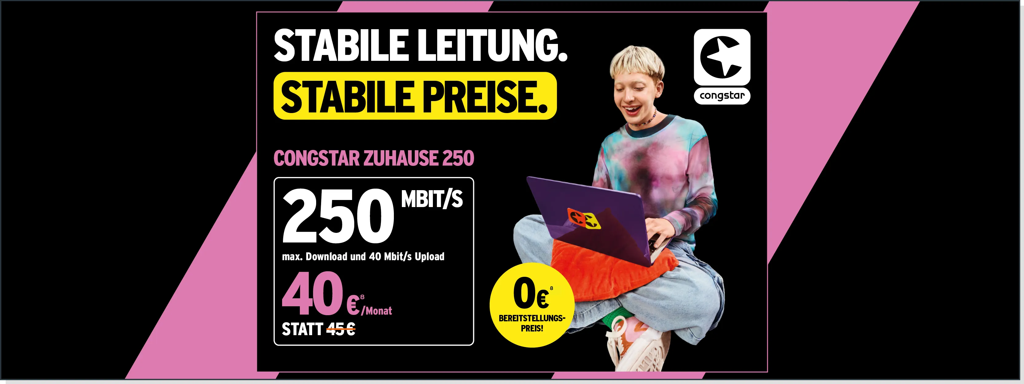 Werbebild für Congstar Internet mit 250 Mbit/s, stabile Leitung, junger Mensch am Laptop.