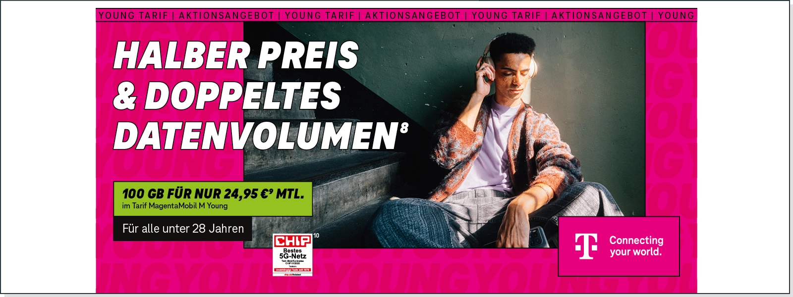 Telekom Young Tarif: halber Preis, doppeltes Datenvolumen, Mann mit Kopfhörern